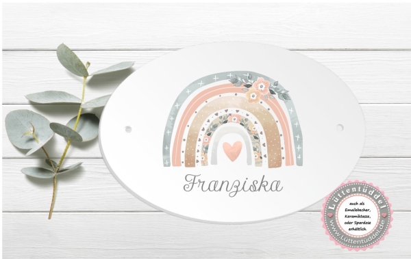zauberhaftes ovales Türschild mit Regenbogen Flower und Wunschname, Kinderzimmer- zur Einschulung, Geburtstag, Taufe, Lüttentüddel®